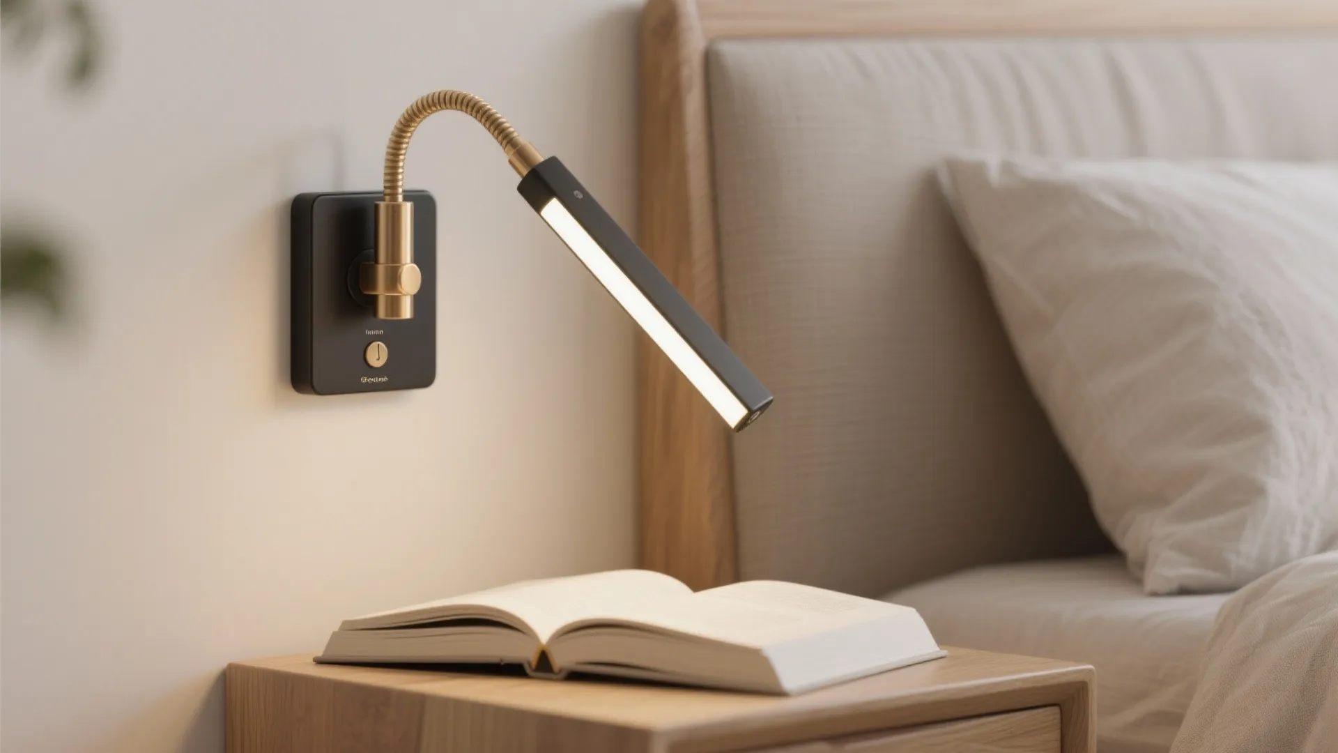 Macro view of a slim wall sconce with flexible LED reading arm and separate backplate switch.