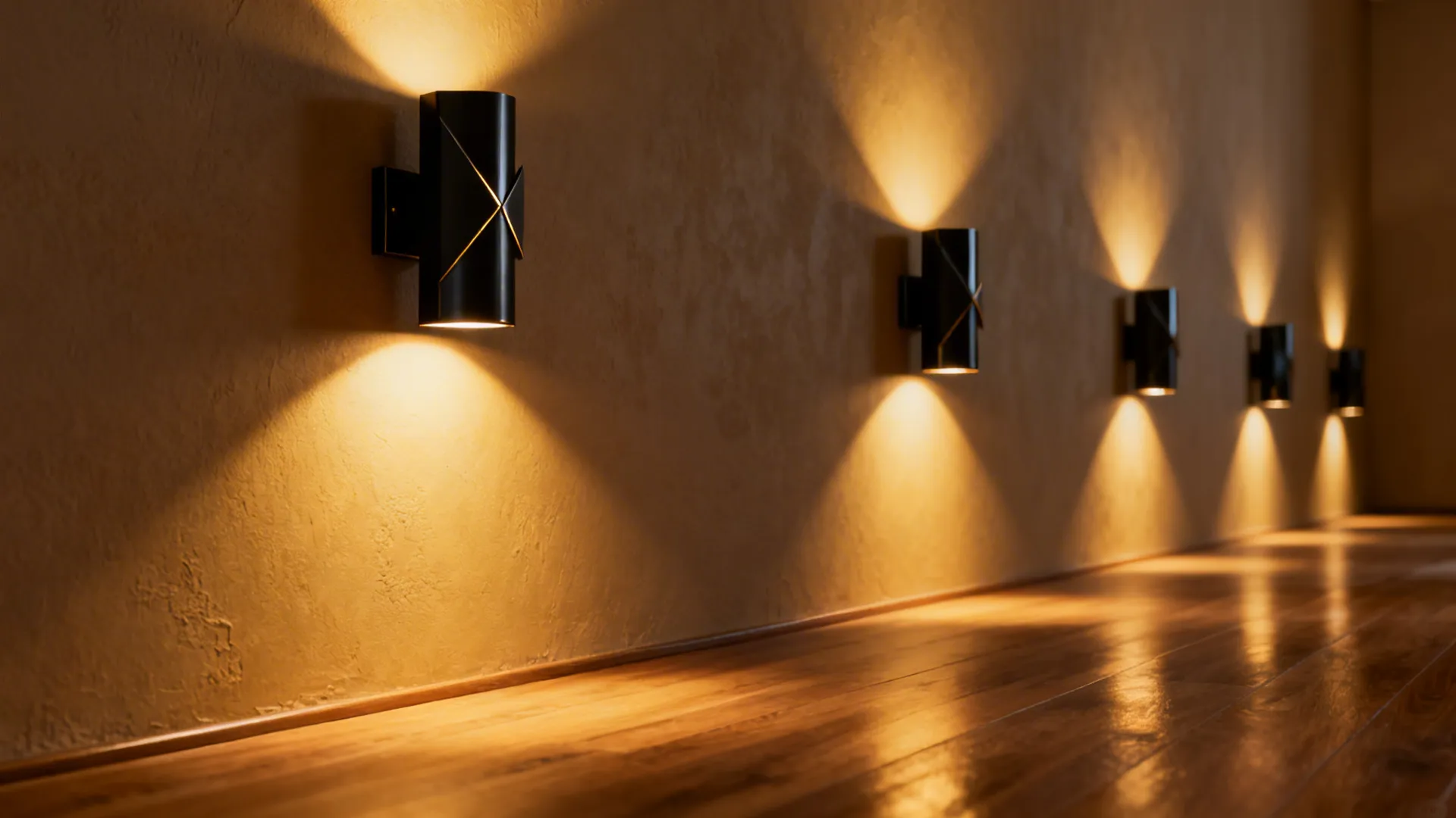 Series of slim black wall sconces creating warm overlapping light along a long wall.