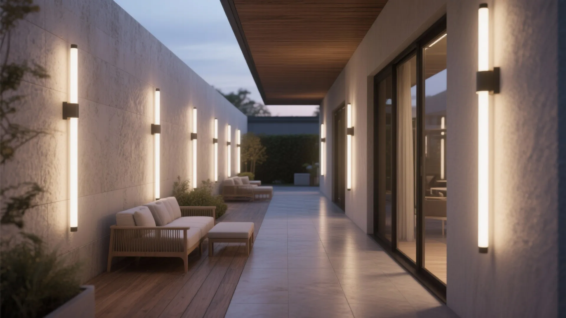 Modern outdoor hallway with slim wall lights sofa and footrest next to large glass doors