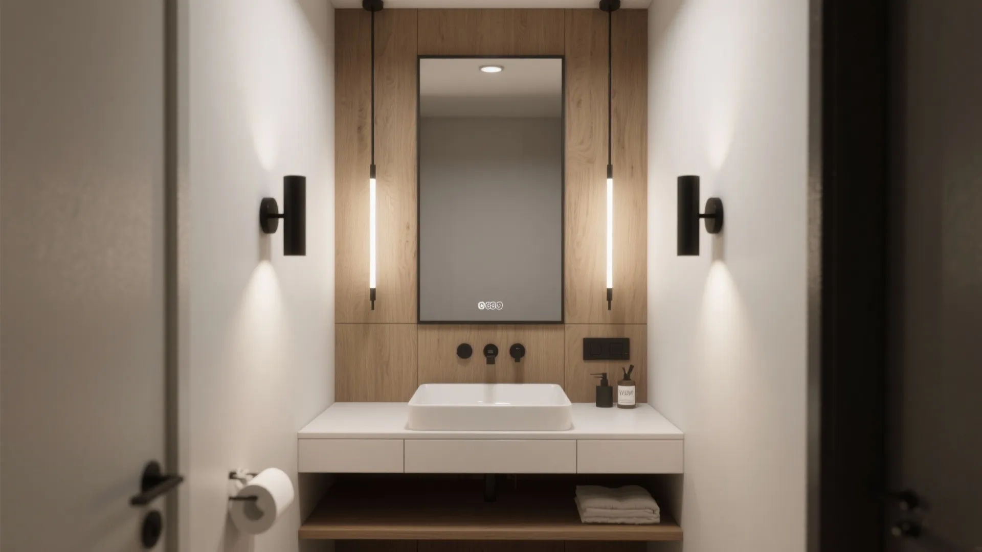 Narrow bathroom vanity lit by two slim matte black wall sconces for even mirror illumination.