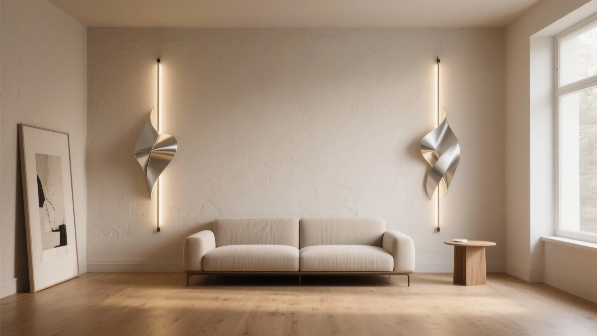 Modern living room with beige sofa wood floor and two silver wall lights on wall