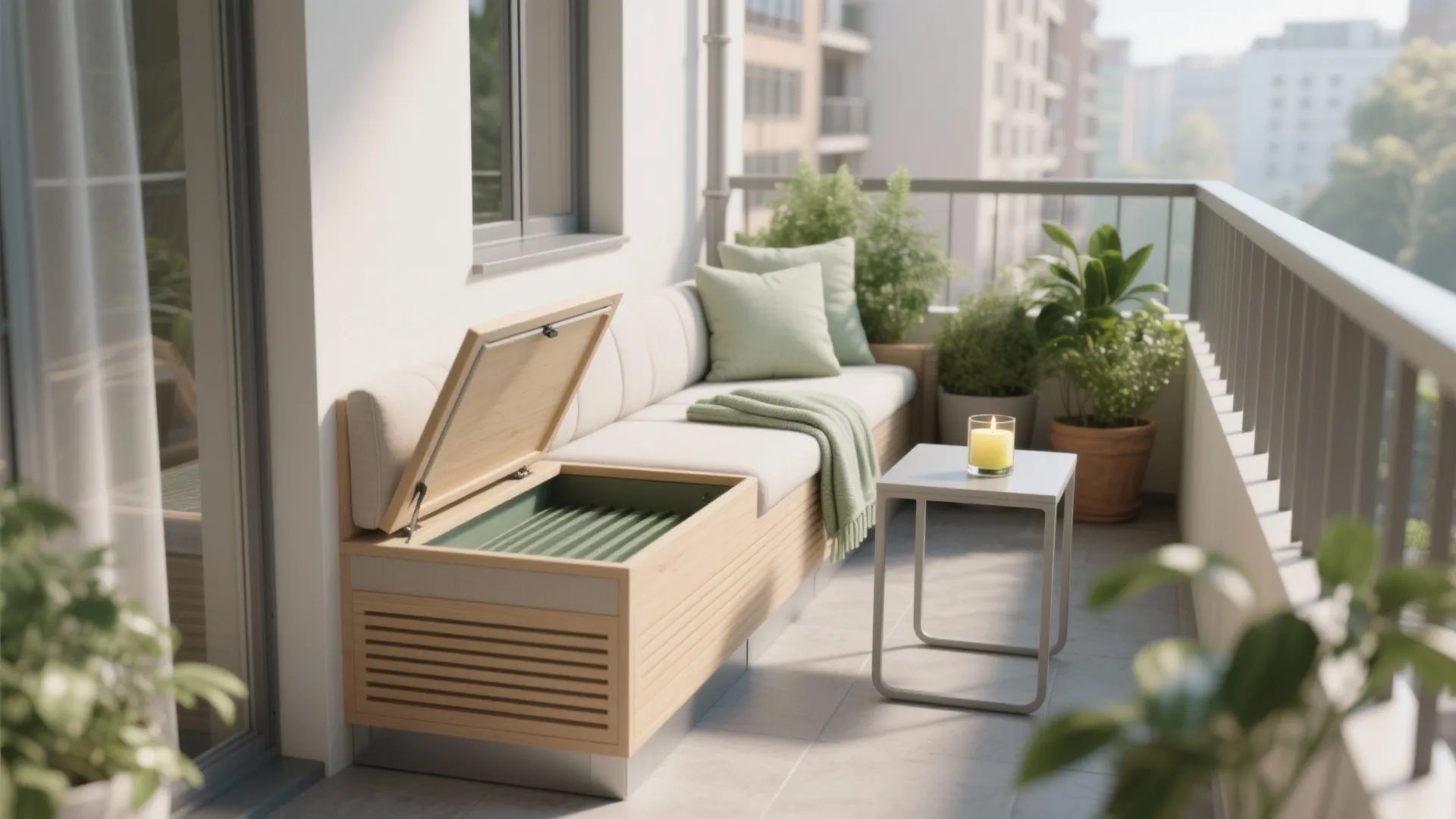 Minimal balcony seating with hidden storage