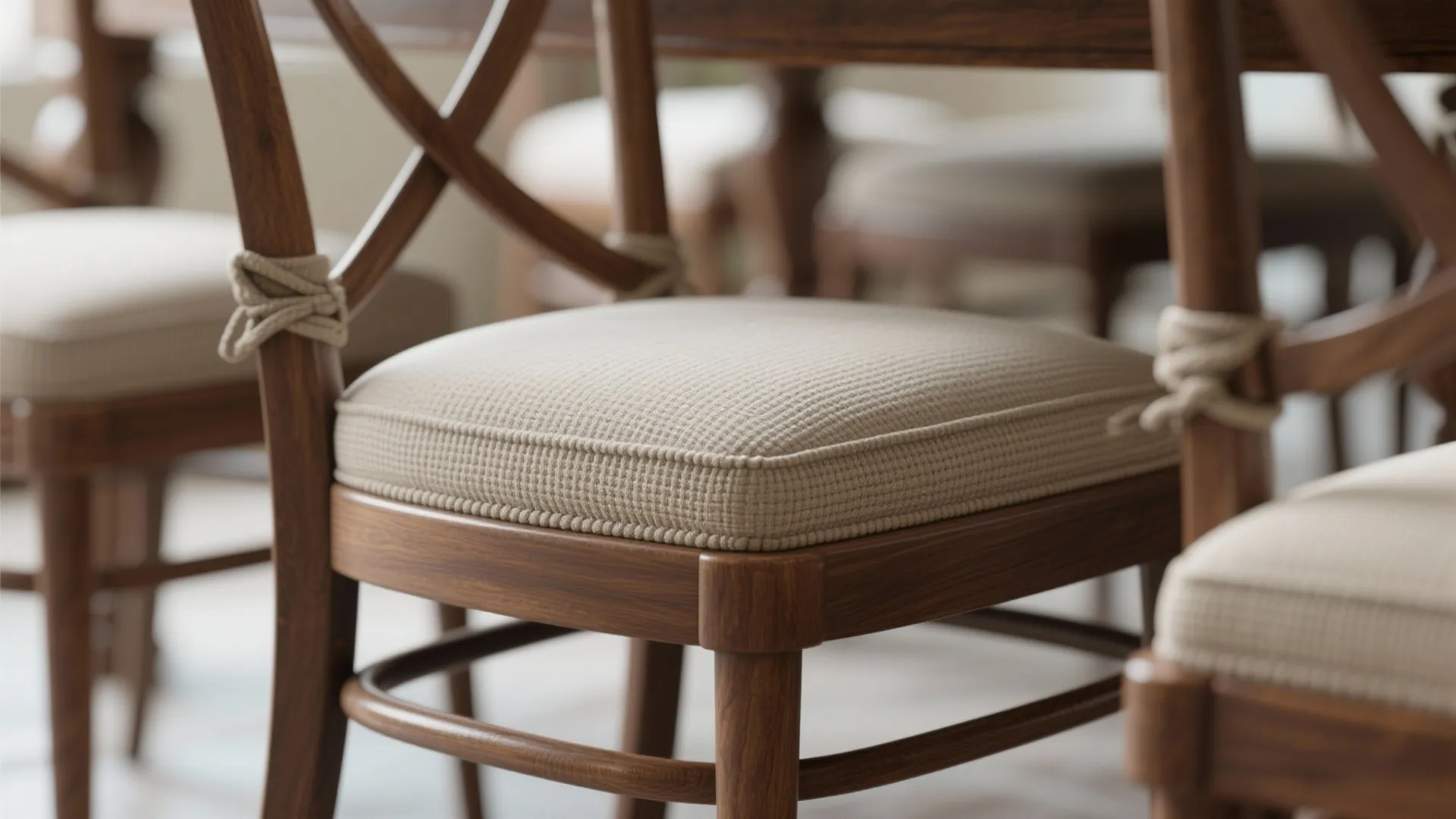 Close up of a wooden chair with a light brown seat pad and crossed back design