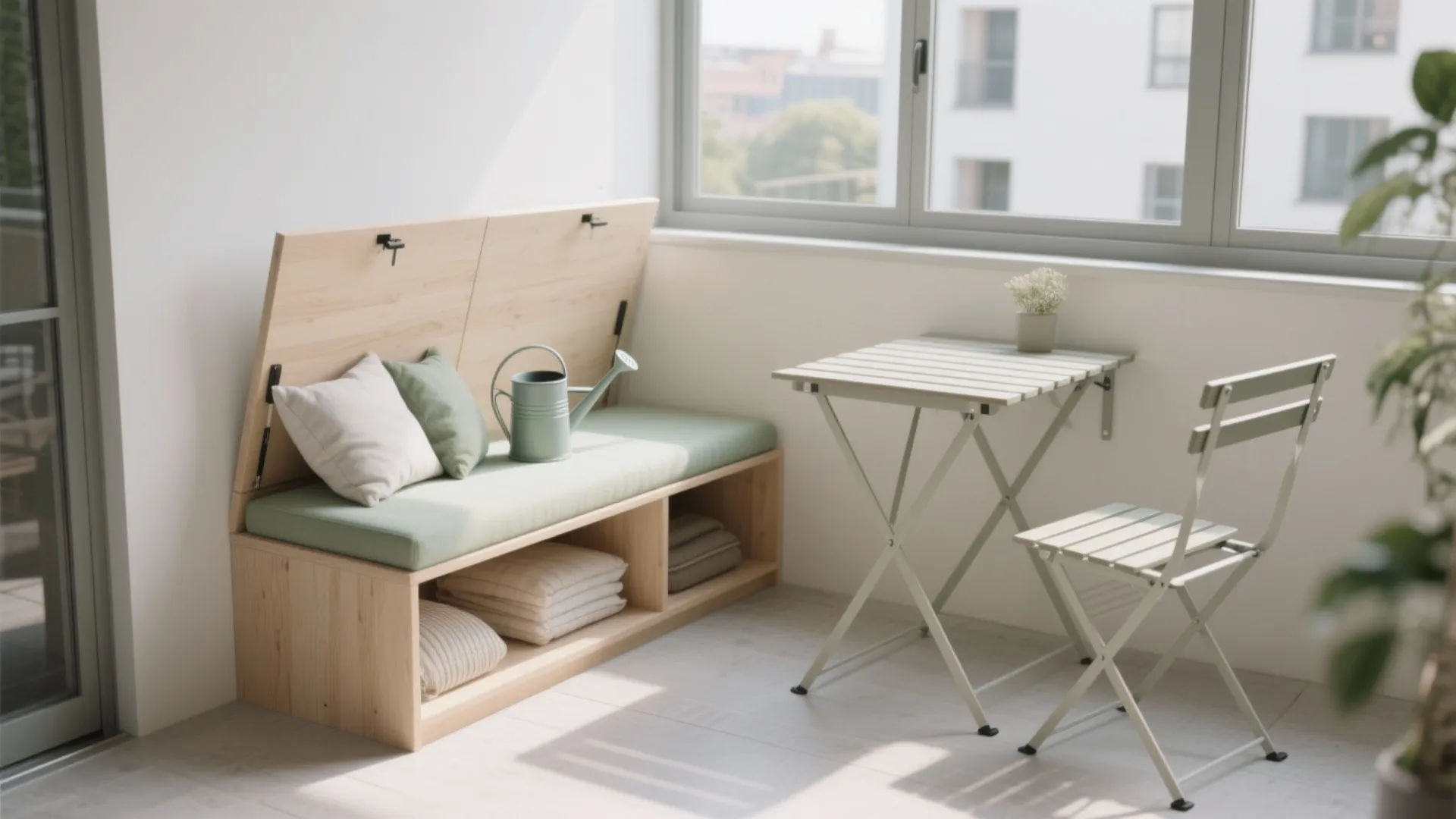 Minimalist balcony storage and slim seating