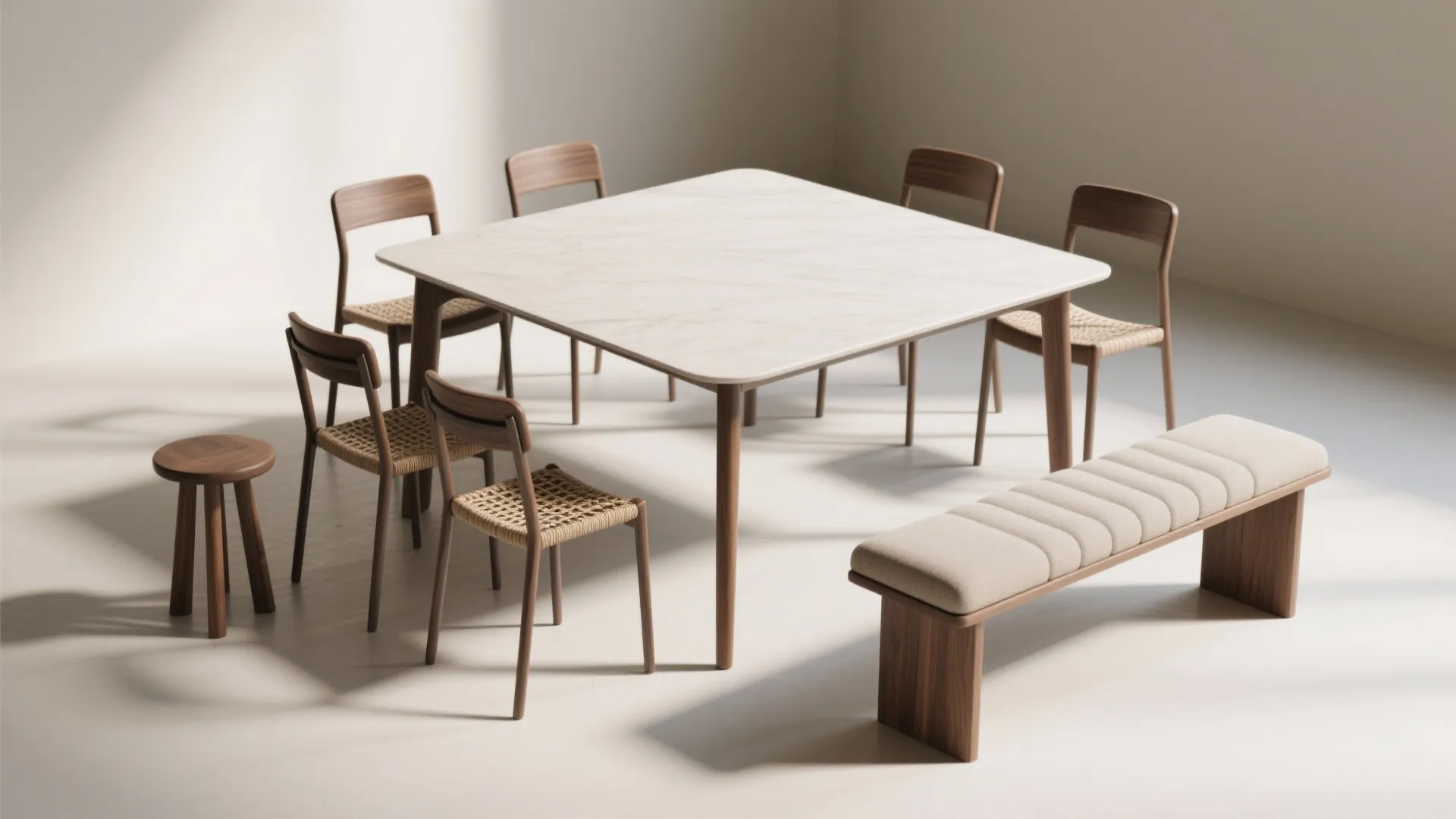 Modern dining furniture set including square marble table wooden chairs stool and long padded bench