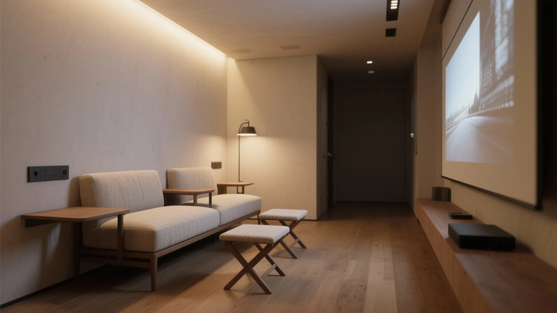 Minimalist living room with grey sofa two footrests wooden floor and large white wall projector