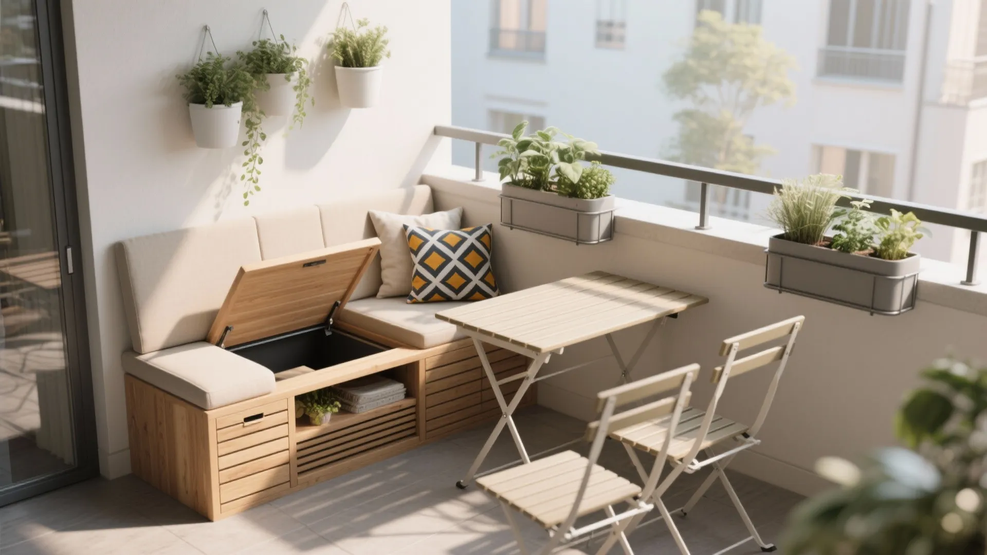 Slim seating and hidden storage: benches, foldables, and rails