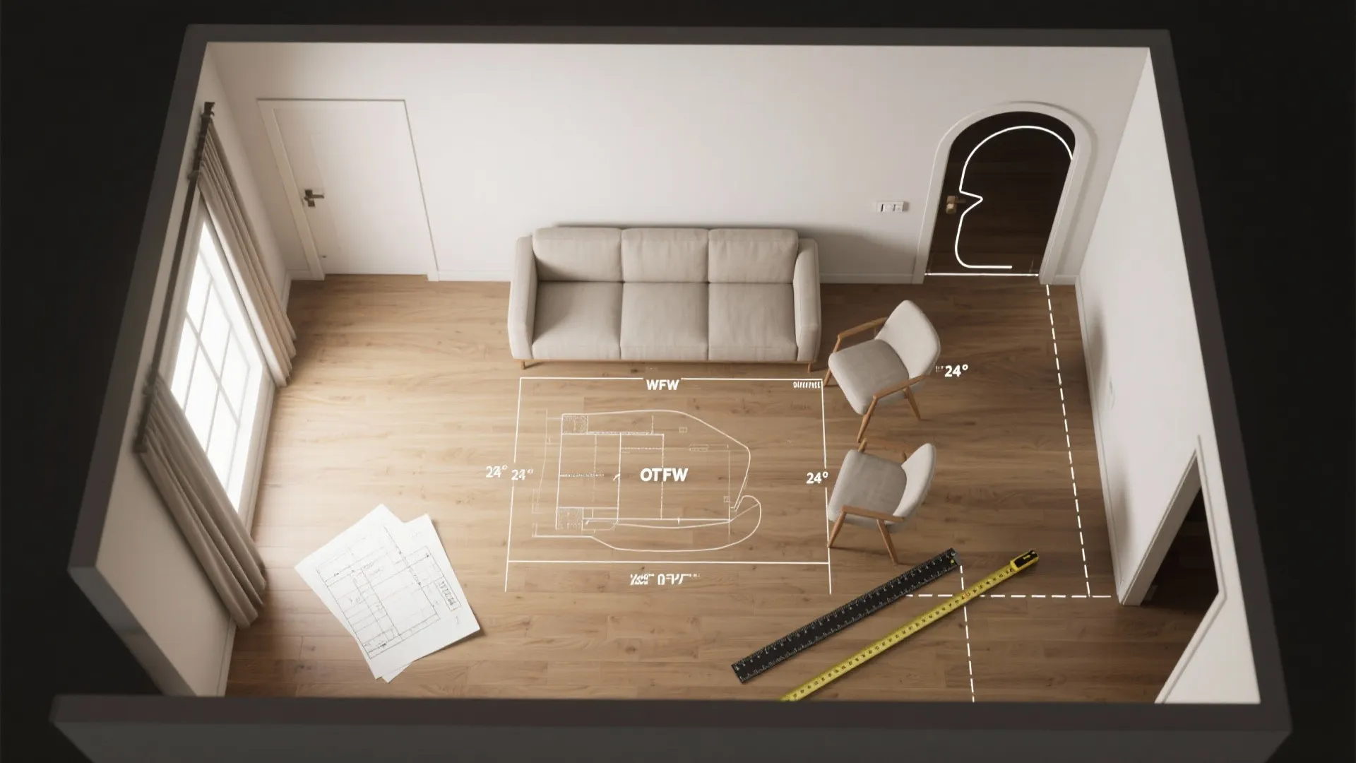 Interior design drawing showing a living room layout with sofa chairs and measuring tool equipment