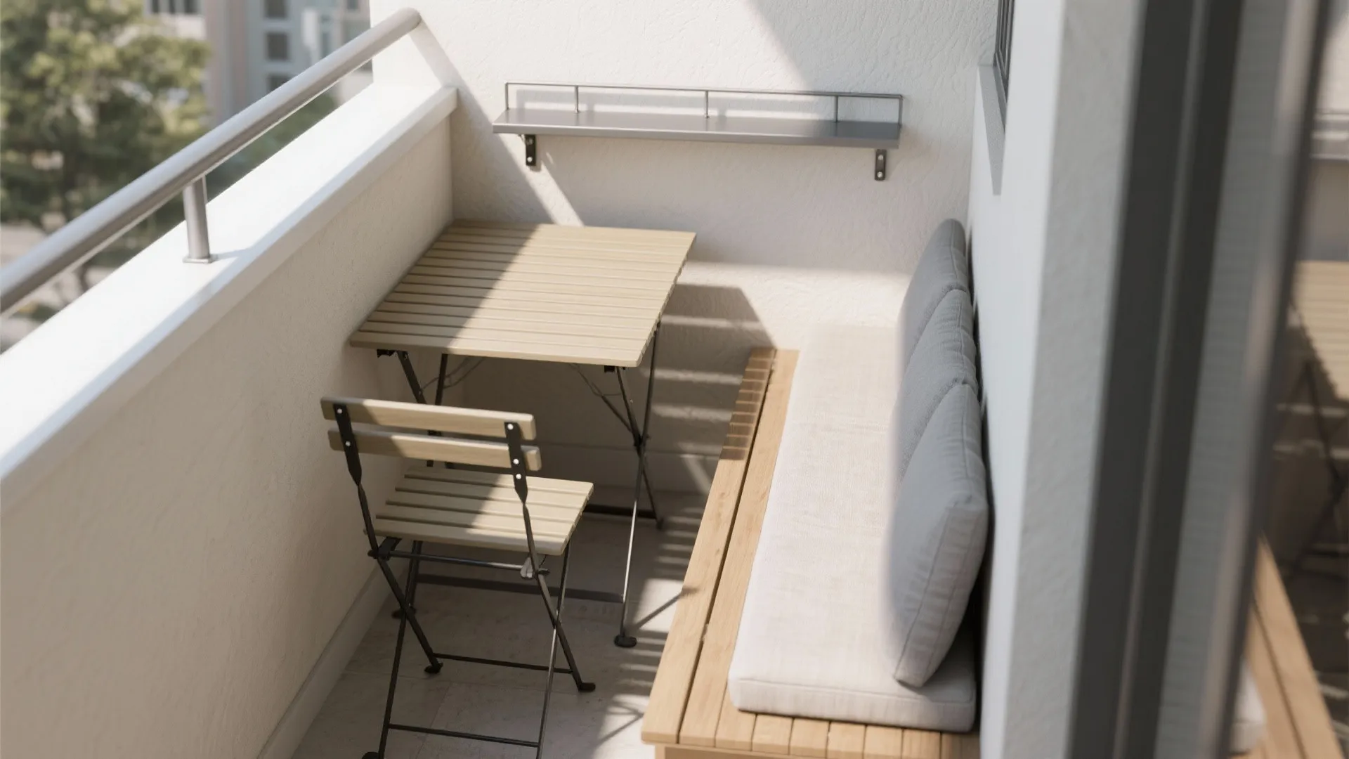 1) Slimline Seating + Fold-Down Surfaces
