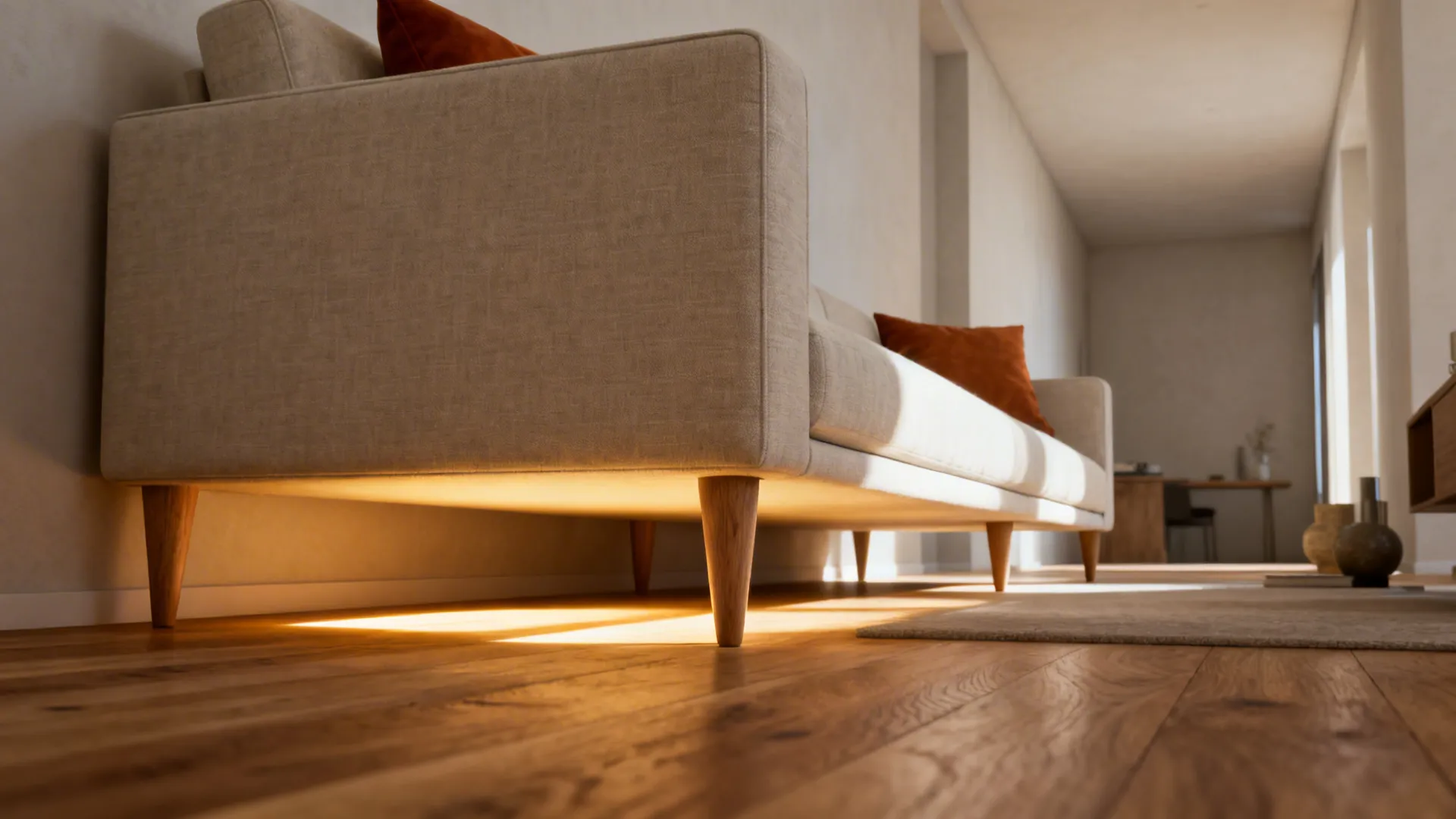 Narrow living room with a low-profile sectional on raised legs, showing light flowing underneath.