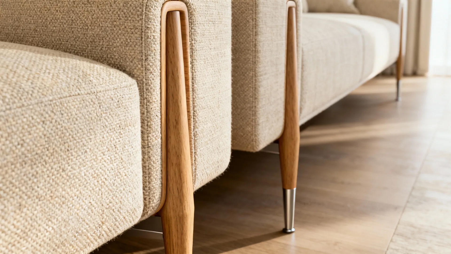 Close-up of a slim-profile sectional with exposed legs and low back, showing fabric texture and under-sofa space.
