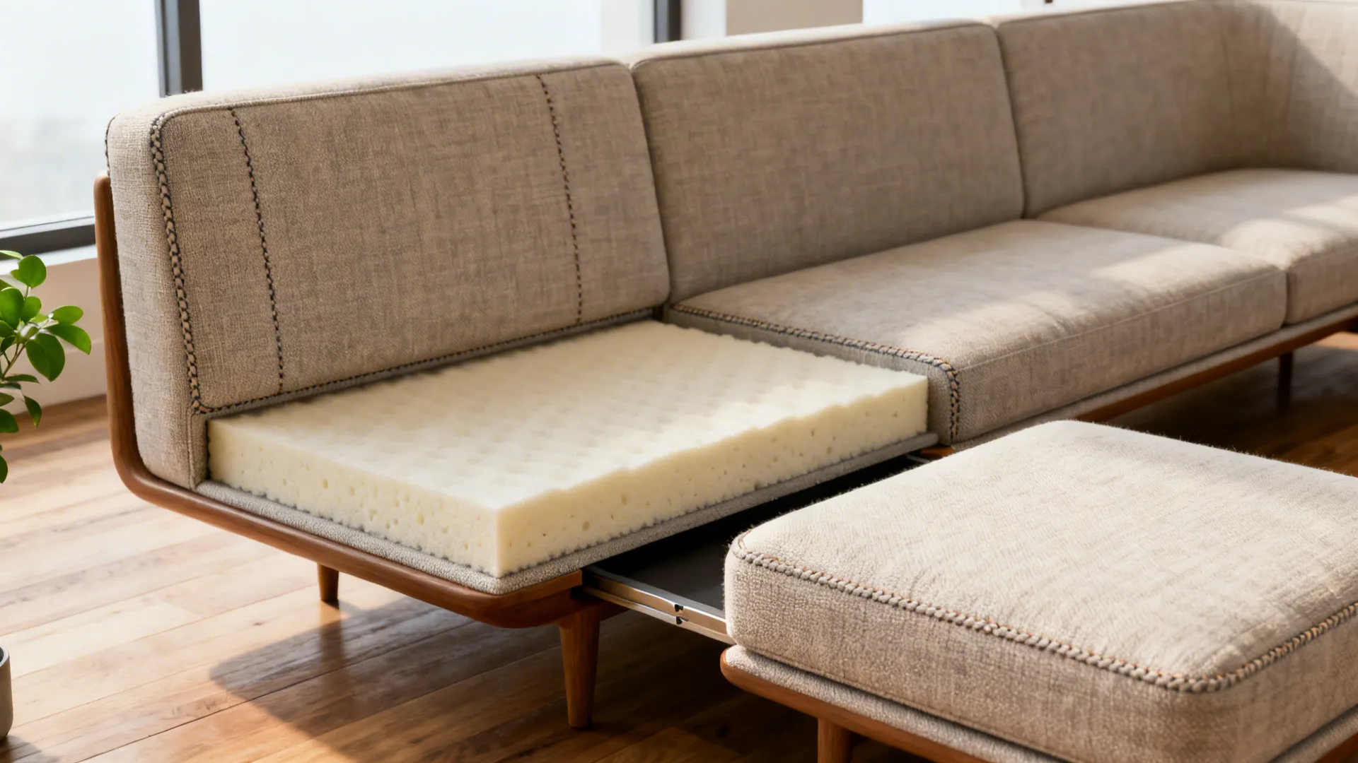 Close-up of a slim low-back sectional with removable ottoman and textured performance fabric.