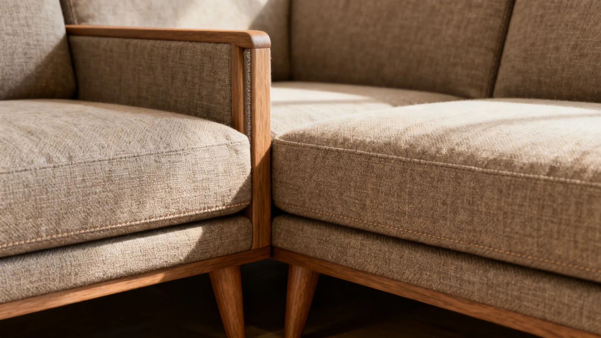 Close-up of a slim-arm, low-back sectional showing fabric texture and wooden leg.
