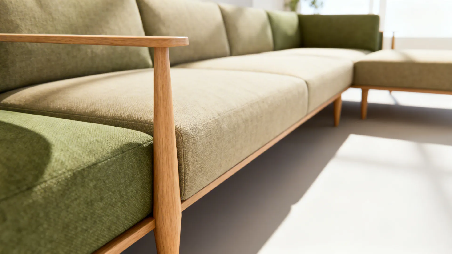 Close-up of a slim L-shaped sectional with raised legs and thin arms showing fabric texture