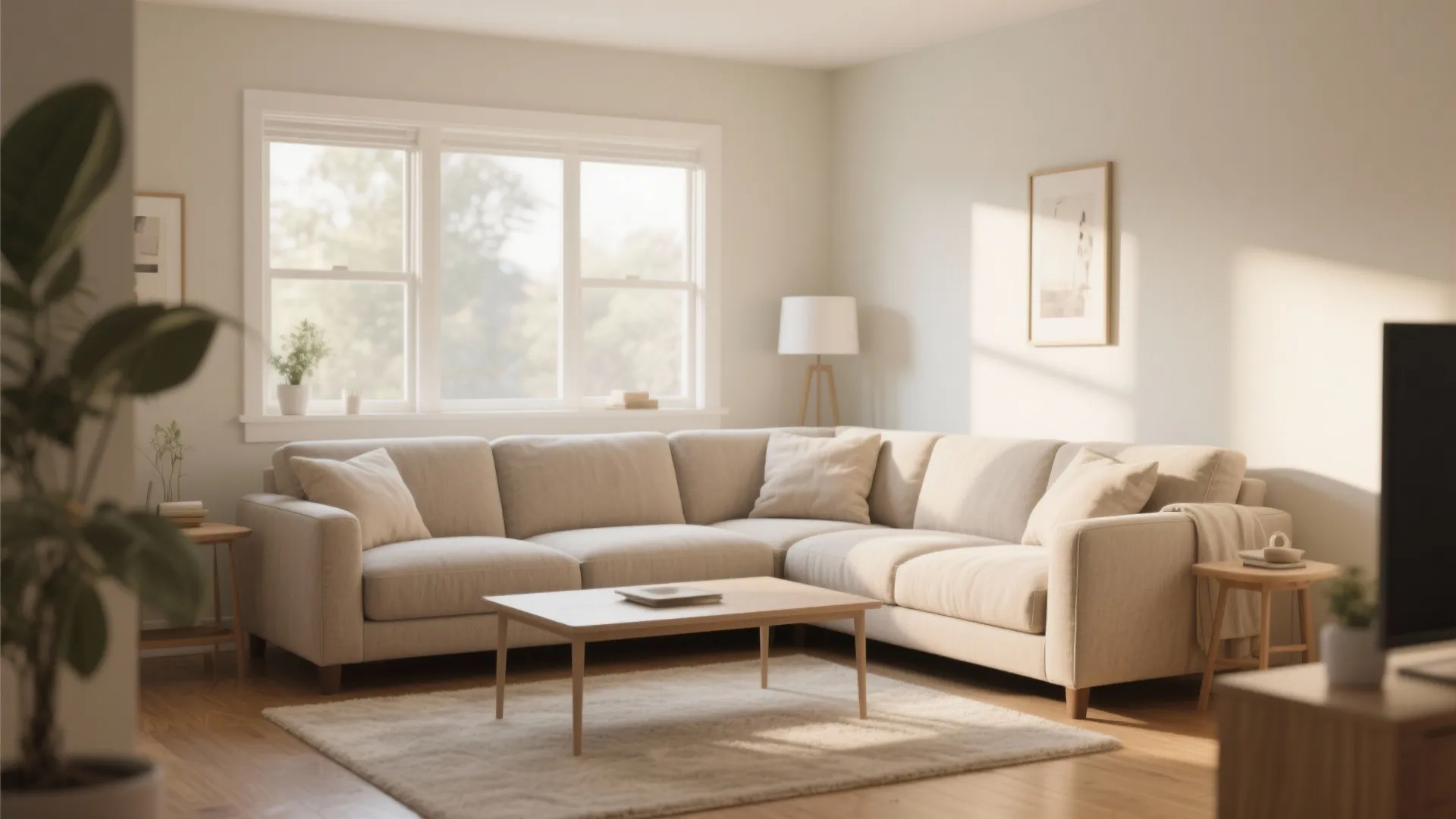 Modern bright living room with large beige sectional sofa coffee table carpet and large windows