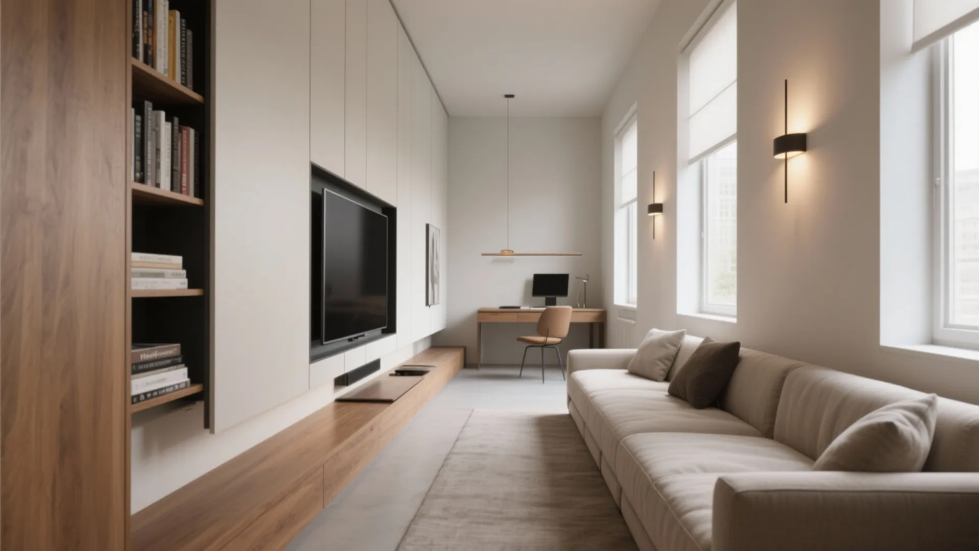 1. Embrace a slim sectional with a floating media wall