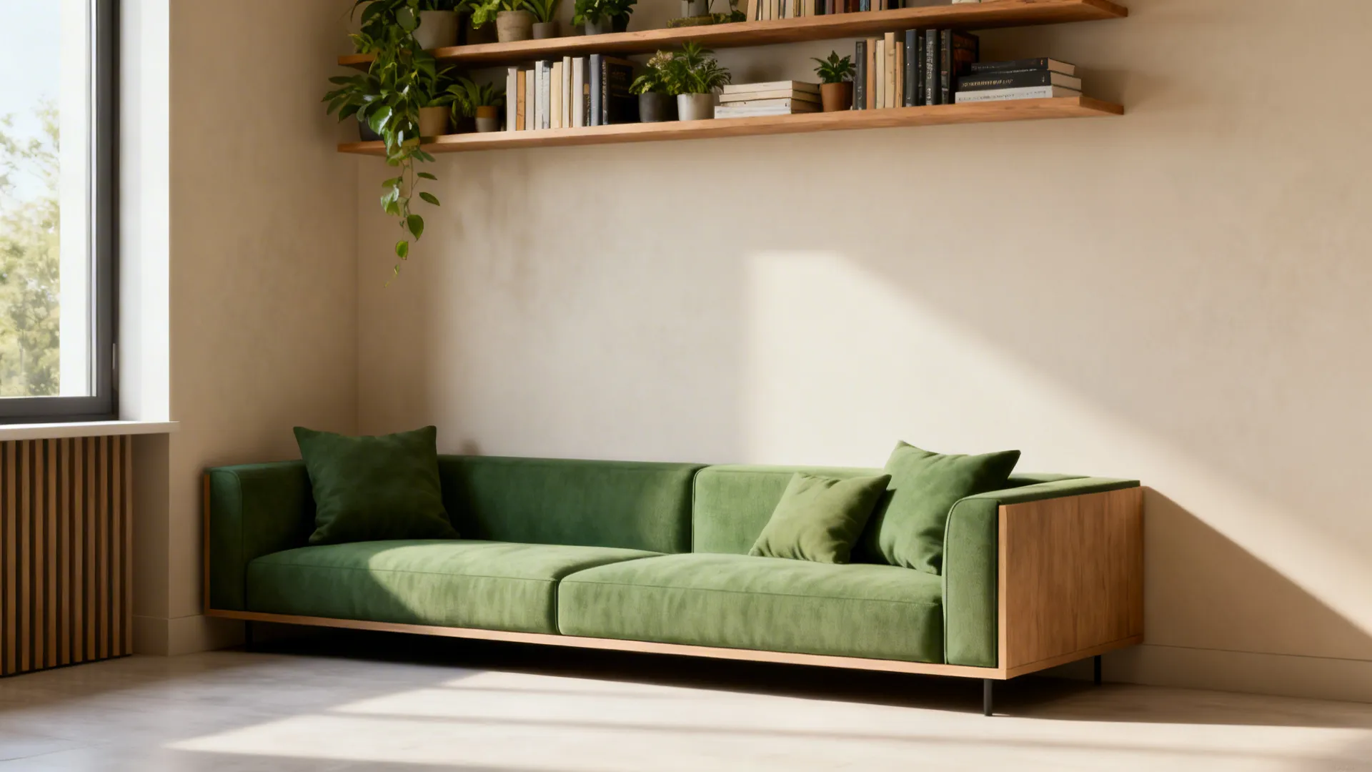 Narrow living room with slim sectional tucked in corner and floating shelves above.