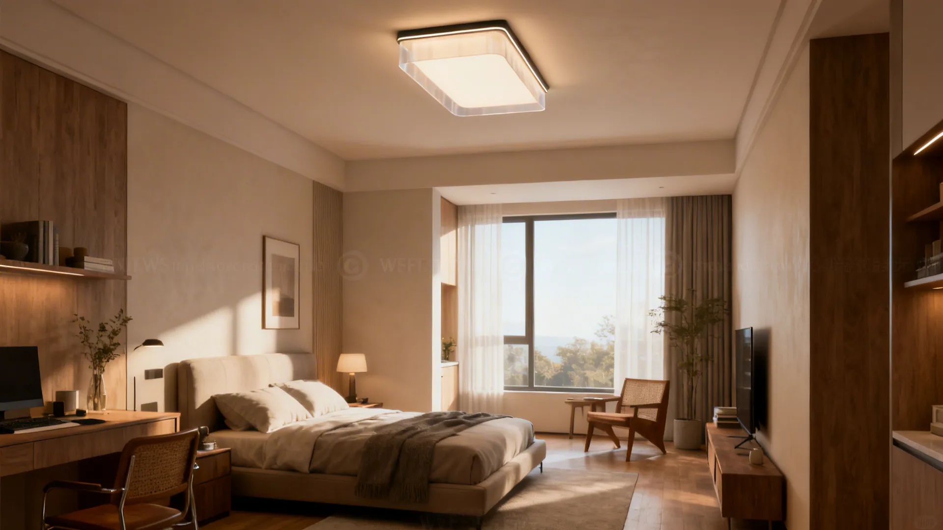 Compact living space with a slim semi-flush ceiling fixture and soft upward diffusion