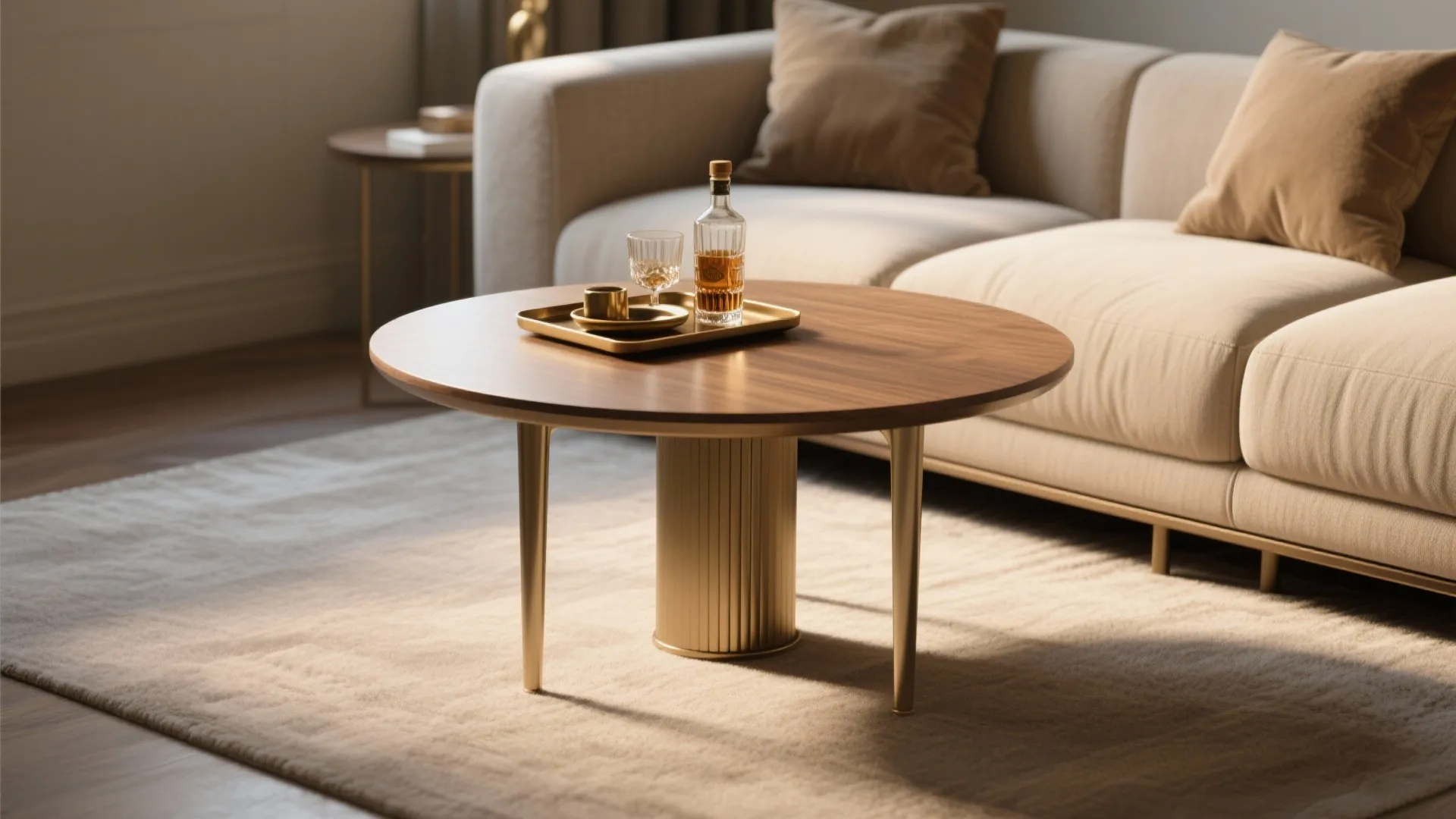 Round wood coffee table with gold legs and drinks tray in front of beige sofa