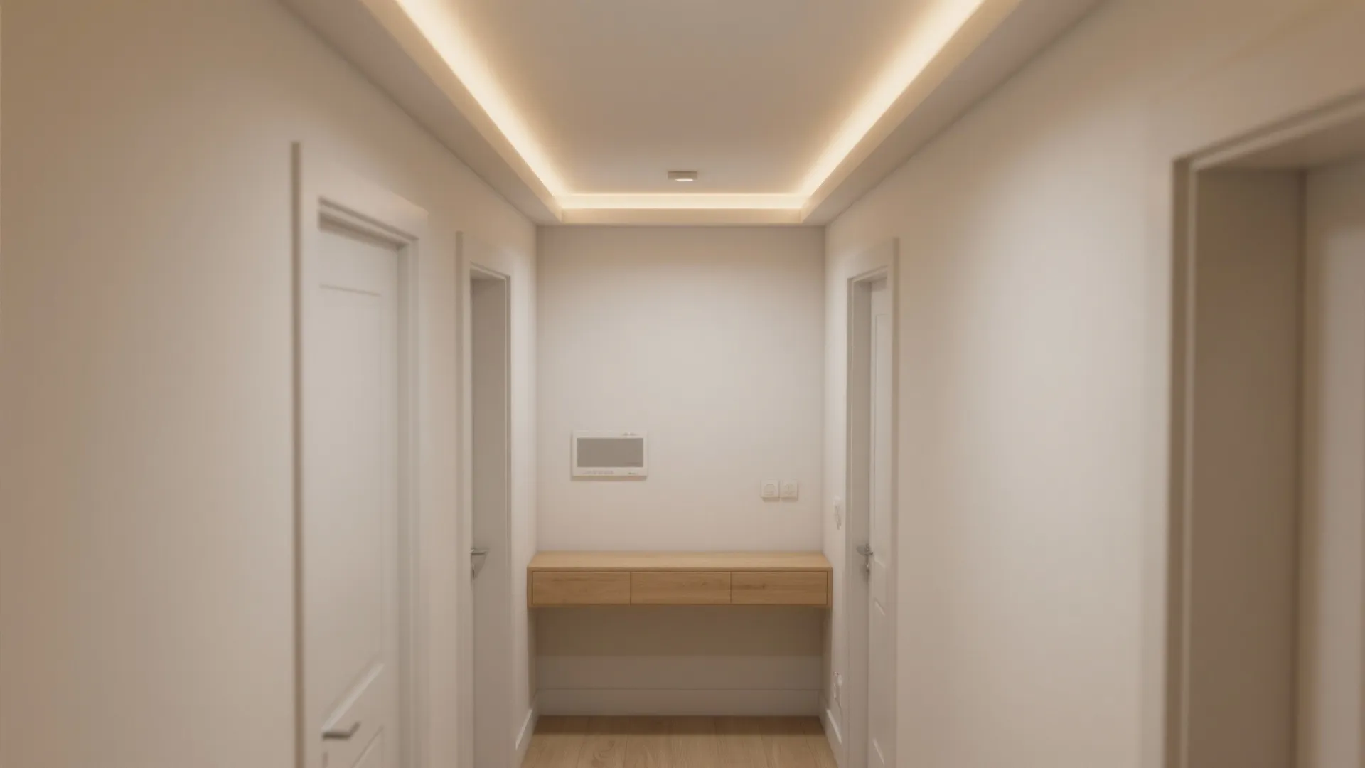 Minimalist white hallway with warm ceiling light, wooden floating cabinet, white doors, and wooden floor
