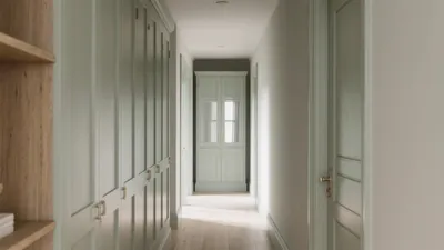 Serene Hallway Design with Mint Cabinetry & Natural Wood Accents