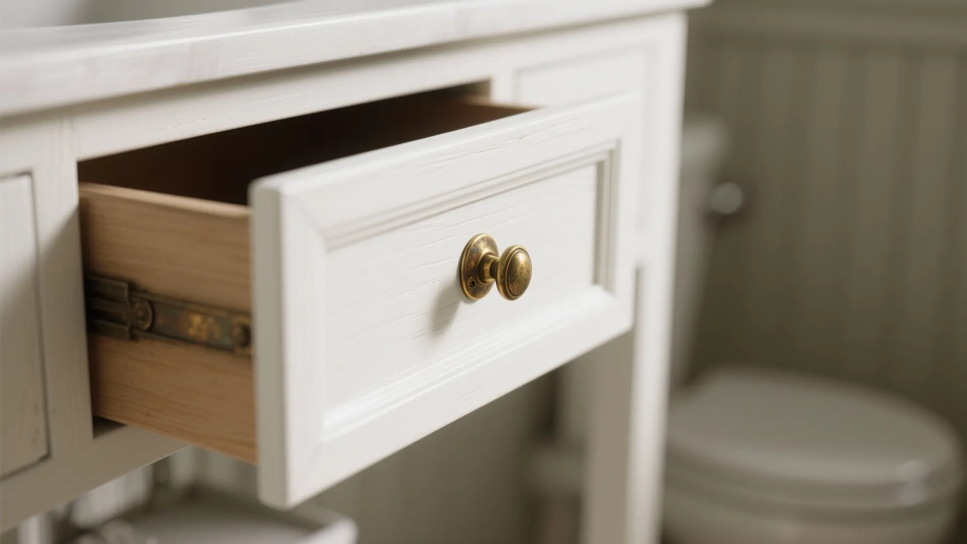 1. Slim Shaker Vanity with Brass Accents