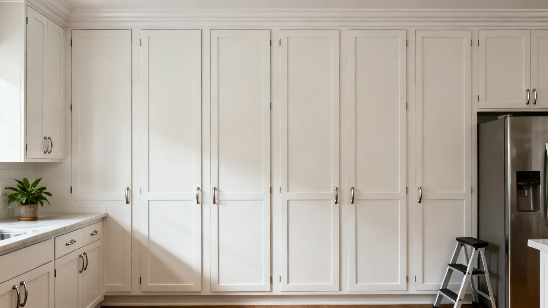 Slim Shaker doors run to the ceiling in a small apartment kitchen with matte white finishes.