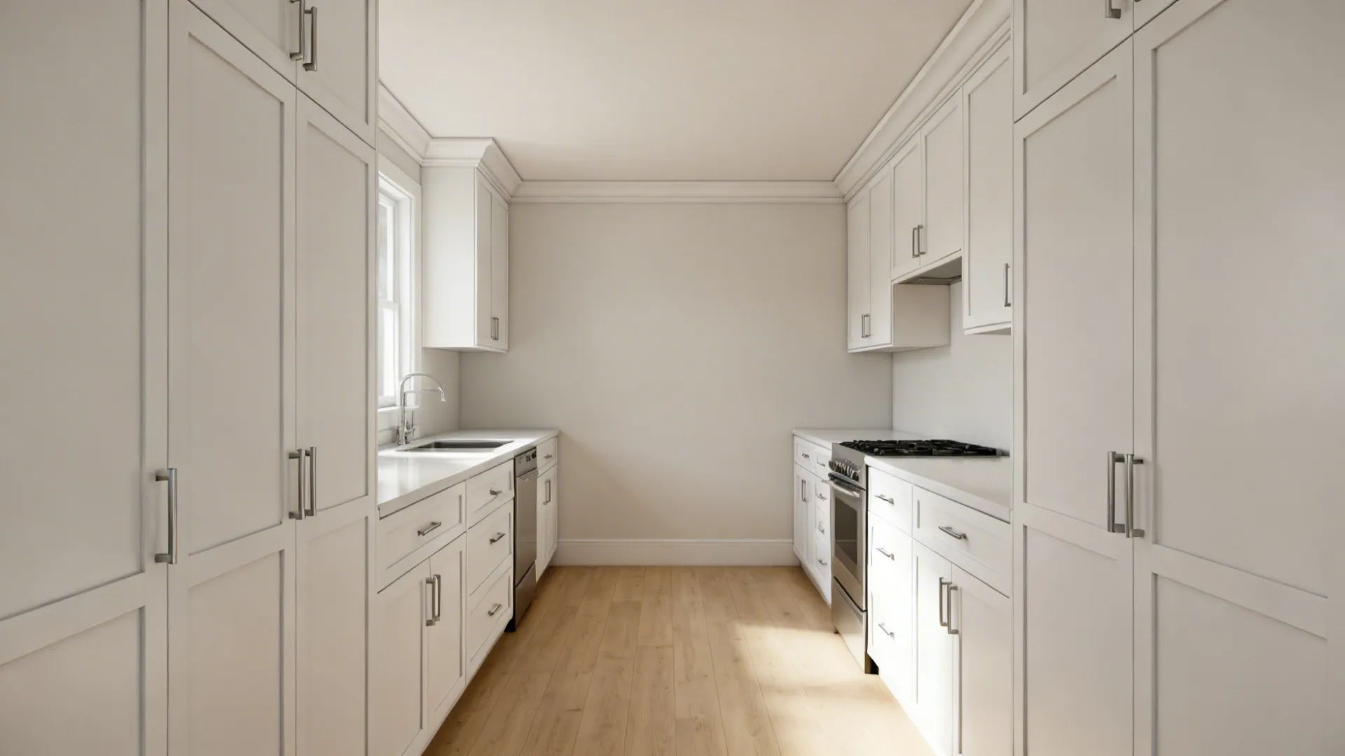 Slim square crown on white Shaker cabinets in a compact galley kitchen with soft daylight.