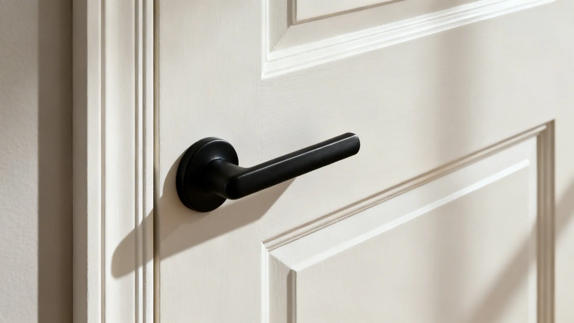 Macro of slim-rail Shaker corner with matte black handle and smooth paint.