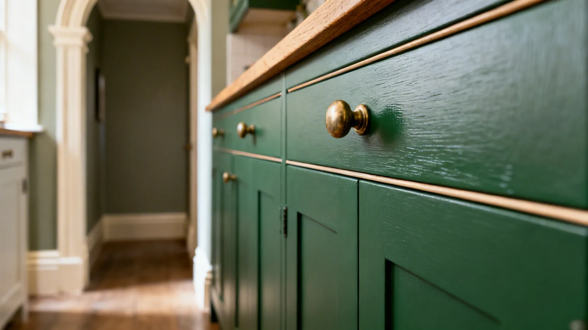 Macro of slim Shaker cabinet frame with matte eggshell finish and brass knob.