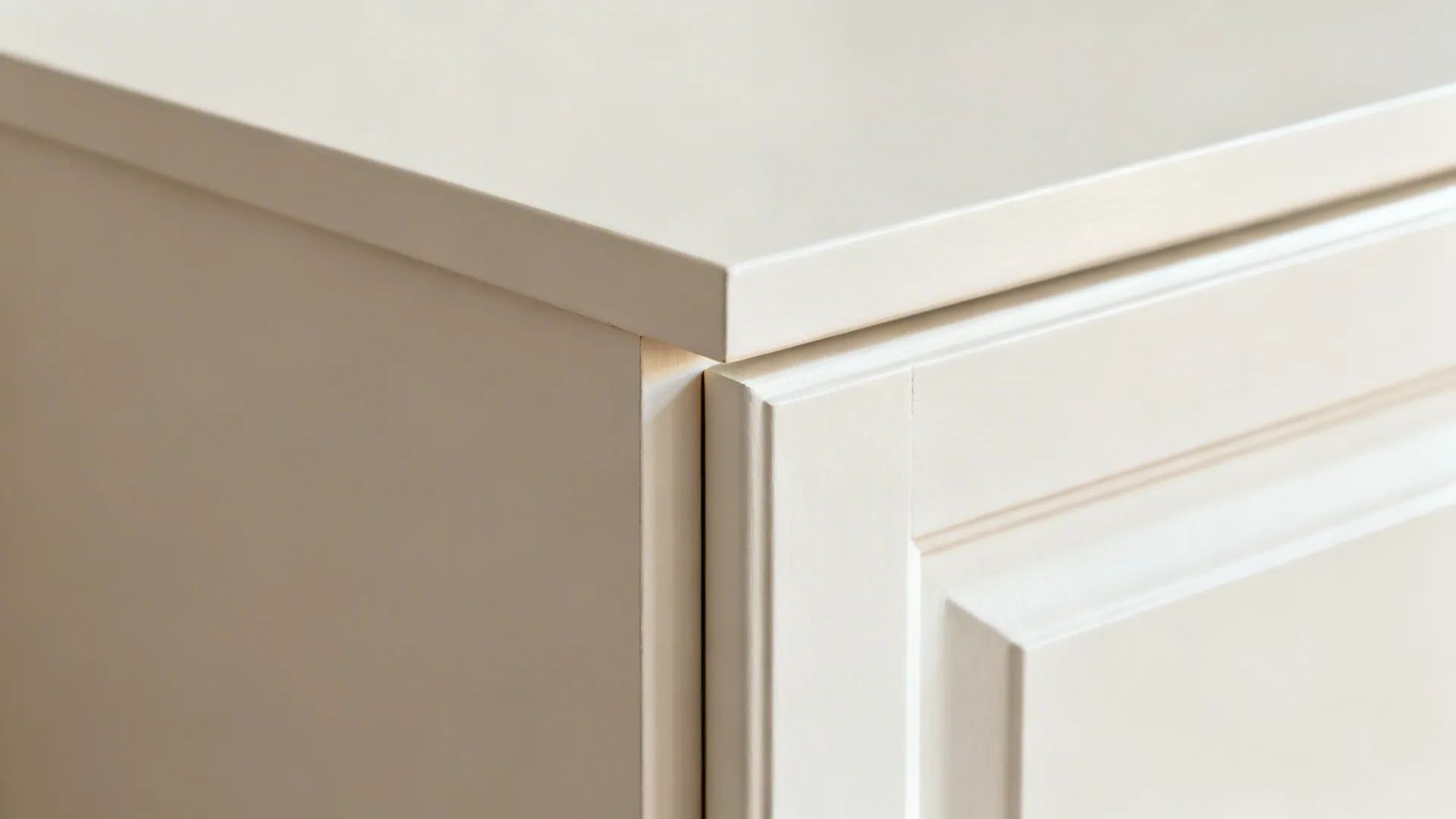 Macro of slim-rail Shaker door showing crisp inner corner and smooth painted finish.