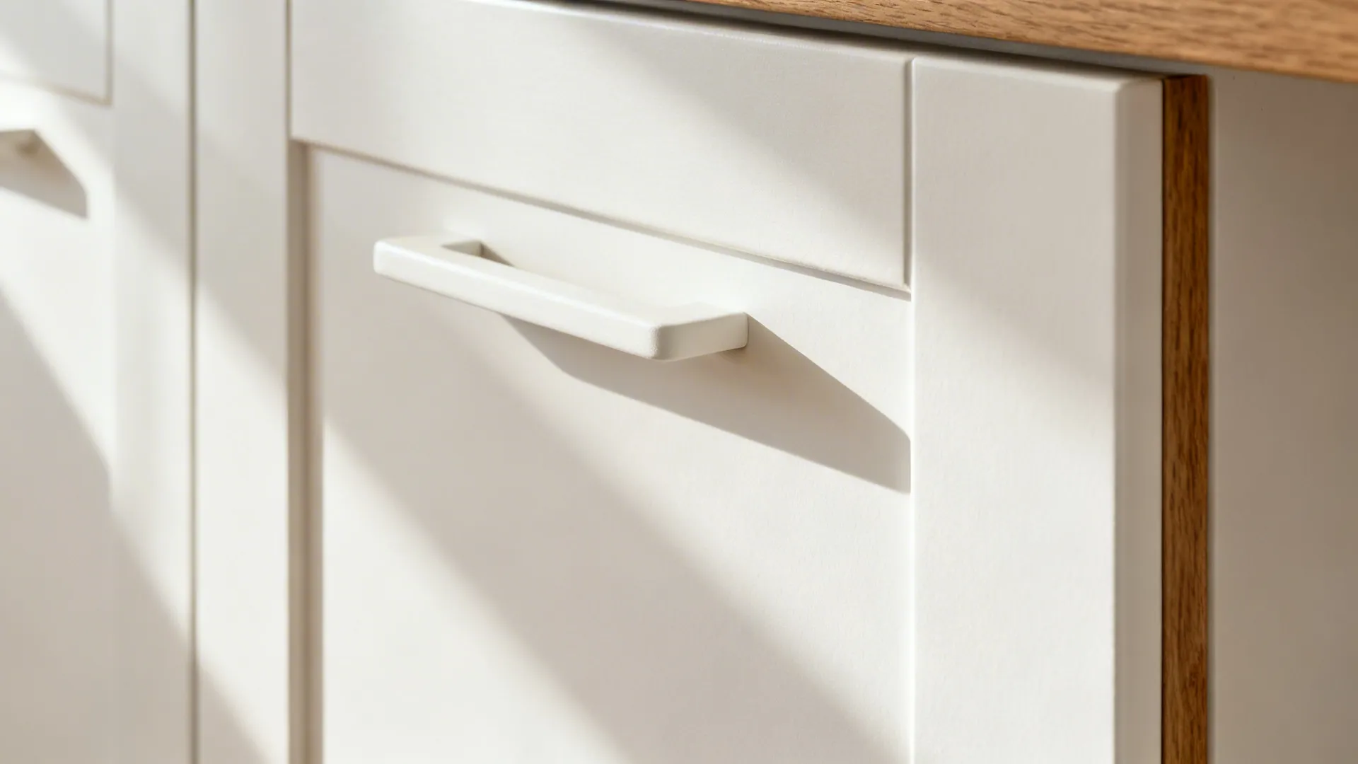 Close-up of matte white slim-shaker door with integrated pull and oak edge detail.