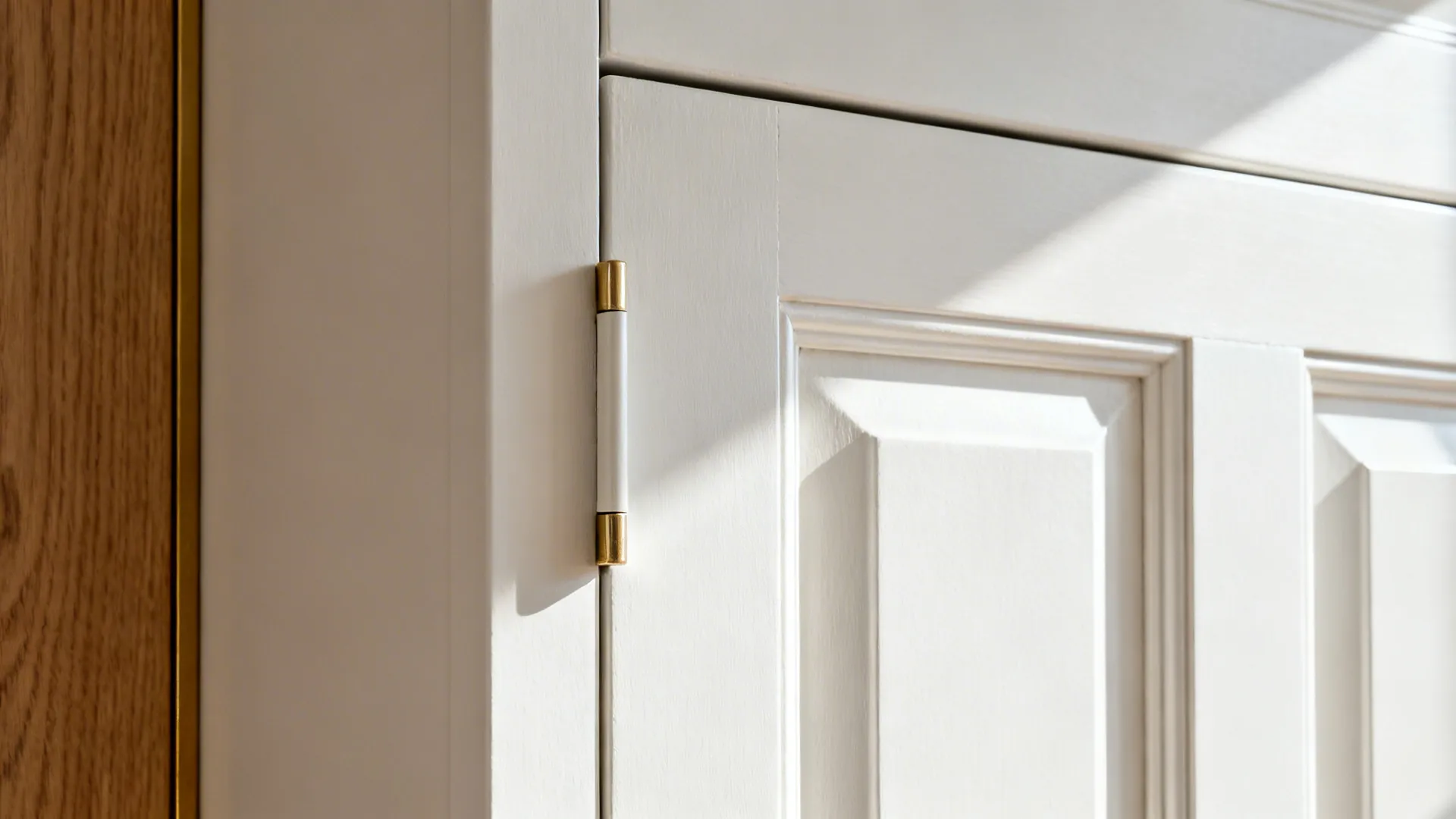 Macro view of a slim shaker cabinet door with push-to-open detail in soft white.