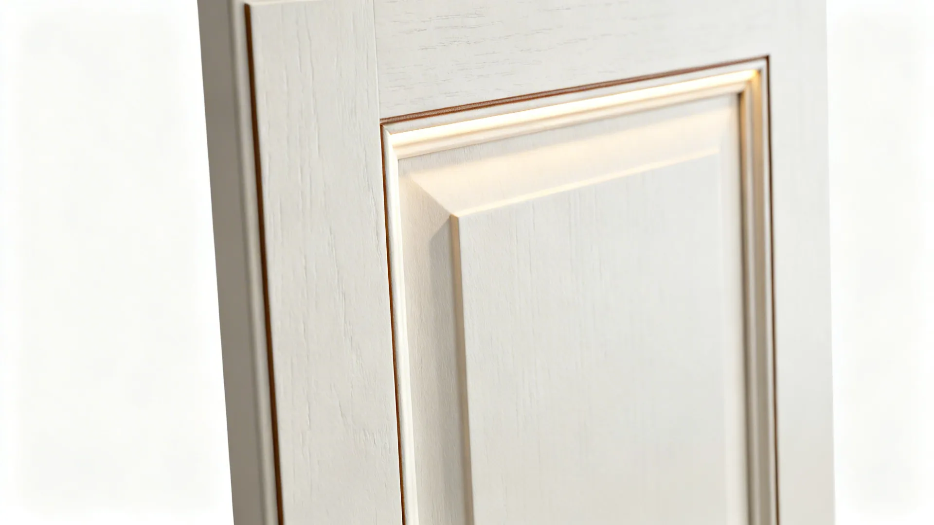 Macro view of a slim Shaker cabinet profile with matte finish and soft LED glow.