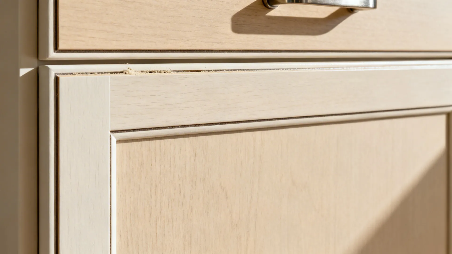 Macro view of a slim Shaker cabinet door with narrow rails and brushed nickel handle.
