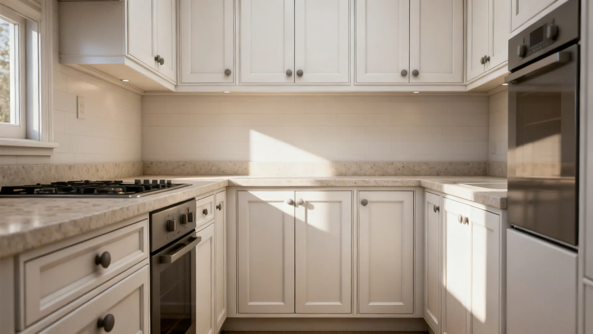 Slim shaker cabinet doors in a small modern kitchen with matte hardware and soft white finish.