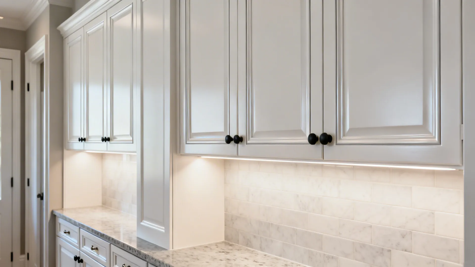 White kitchen cabinets with black handles marble tile backsplash and warm bright under cabinet lights