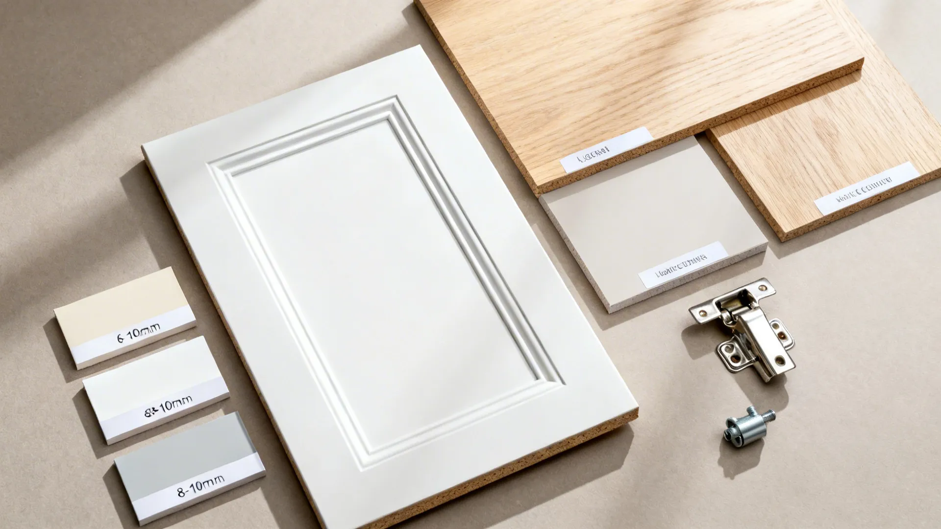 Top-down material flat lay with slim shaker groove samples and neutral finishes.