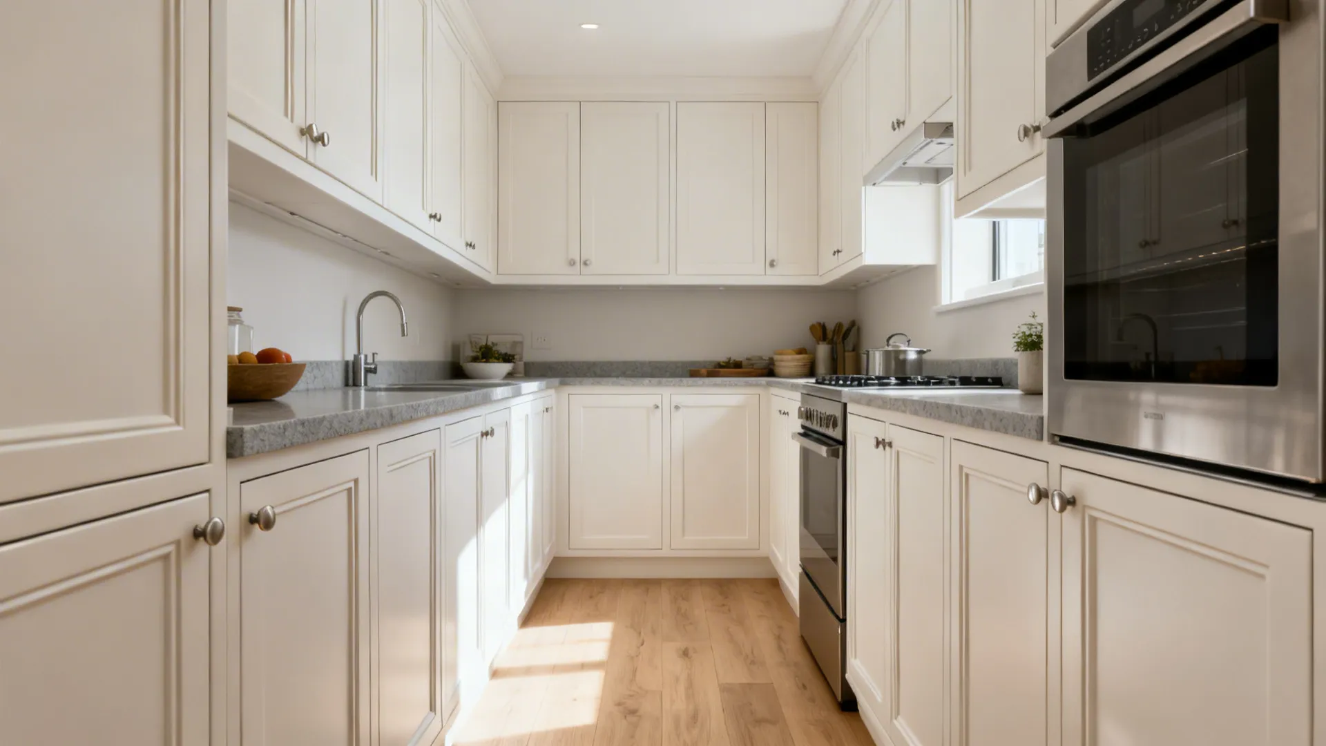 Slim shaker cabinet doors with shallow grooves in a compact galley kitchen.