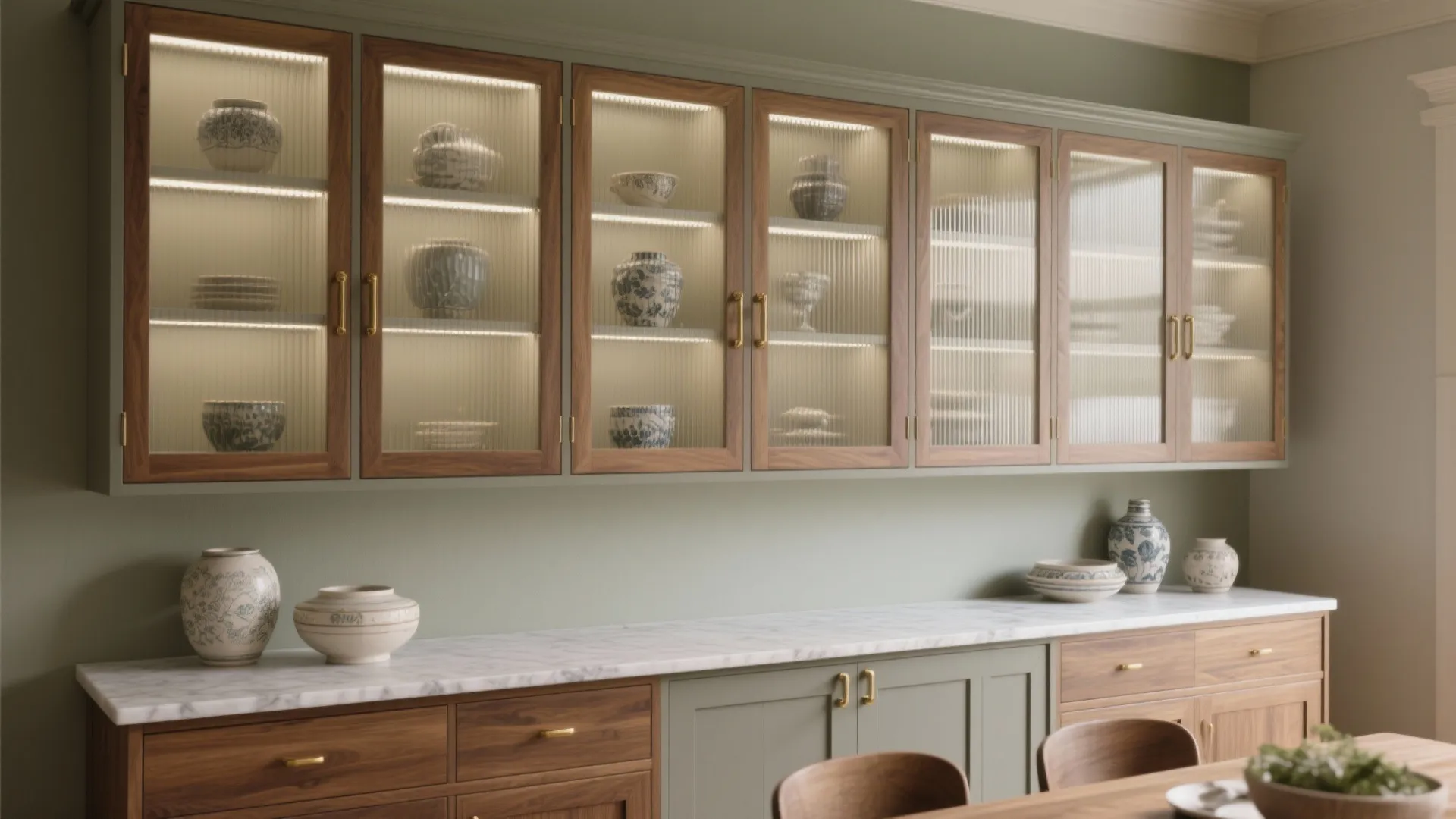 Slim-profile Shaker wall cabinets with glass accents