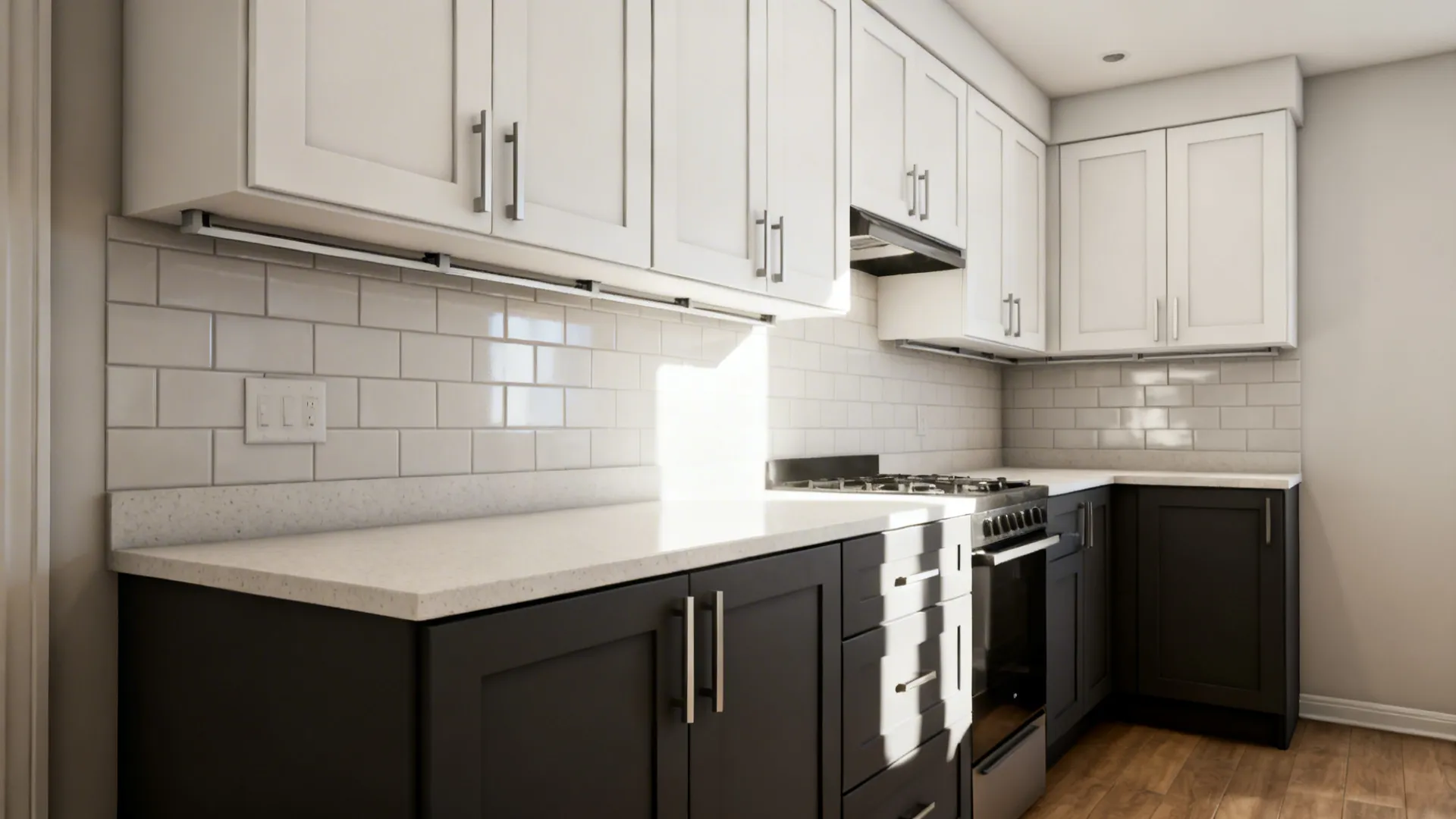 Small modern kitchen with slim Shaker upper cabinets and darker base units for contrast.
