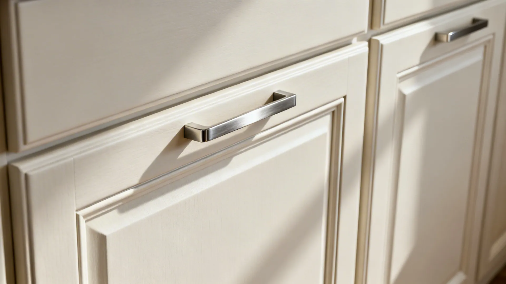 Macro view of a slim-profile matte off-white Shaker cabinet door with precise rails and edge pull.