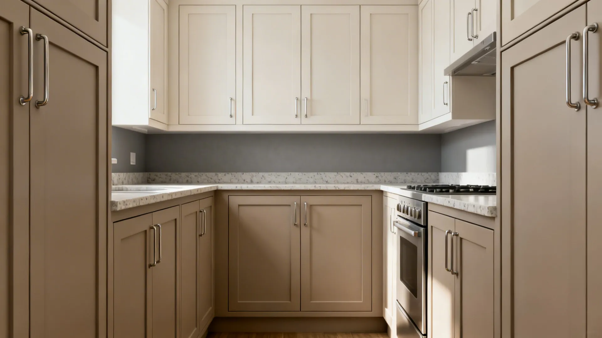 Slim-rail matte shaker cabinet doors in a compact galley kitchen with soft daylight.