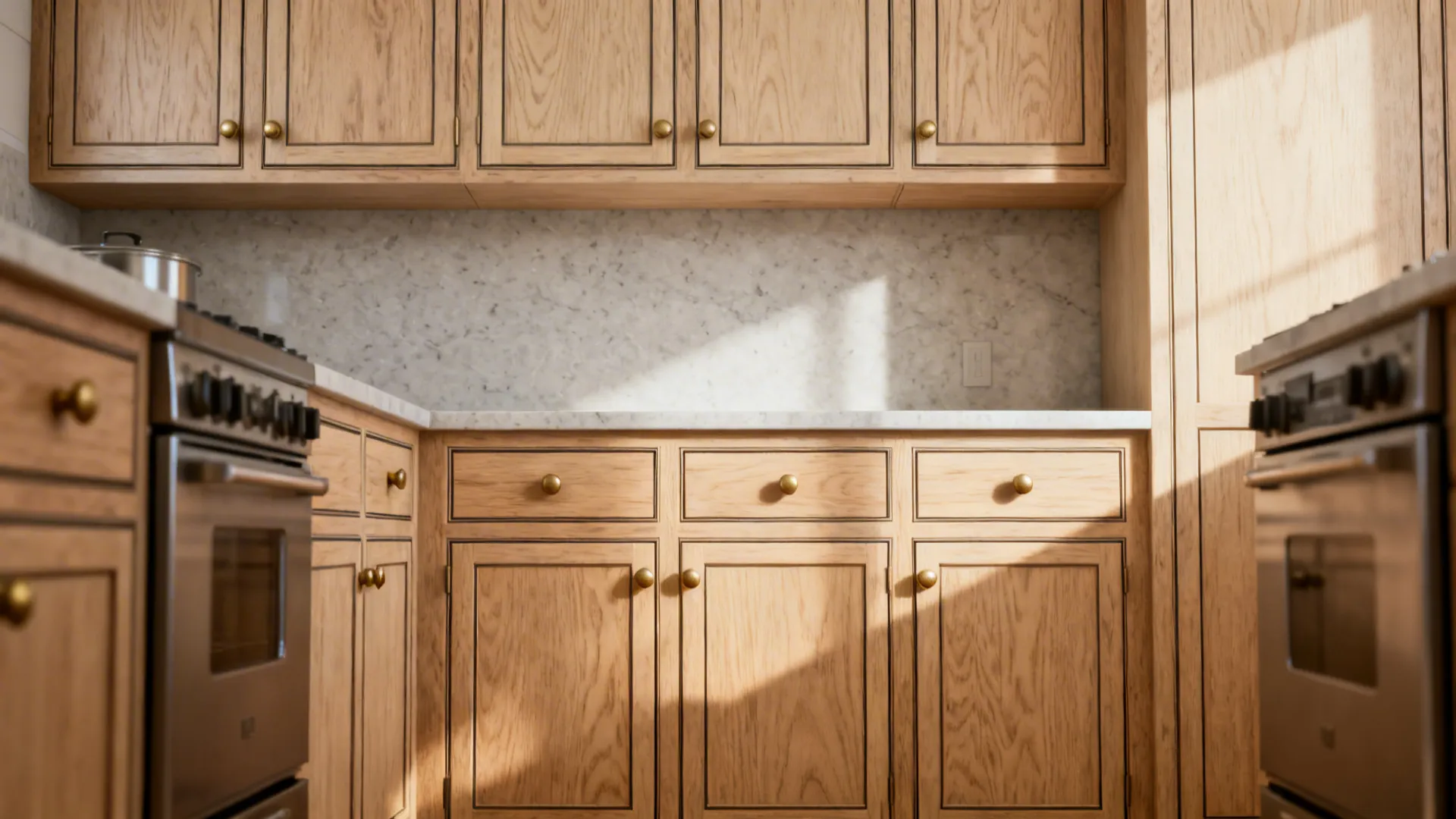 Slim Shaker white oak cabinet doors with satin finish and brass knobs in a modern kitchen.