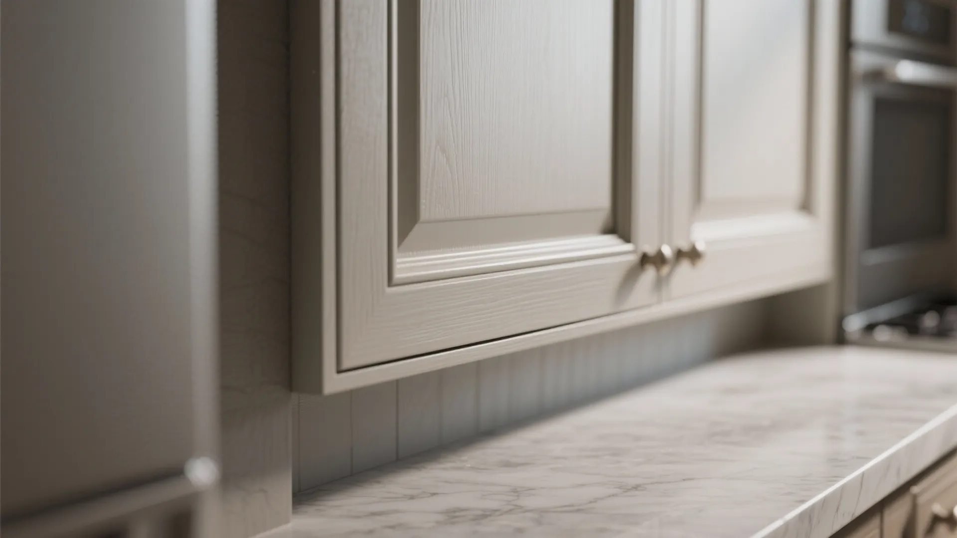 Close up of light wood kitchen cabinet doors with metal handles and white marble stone countertop