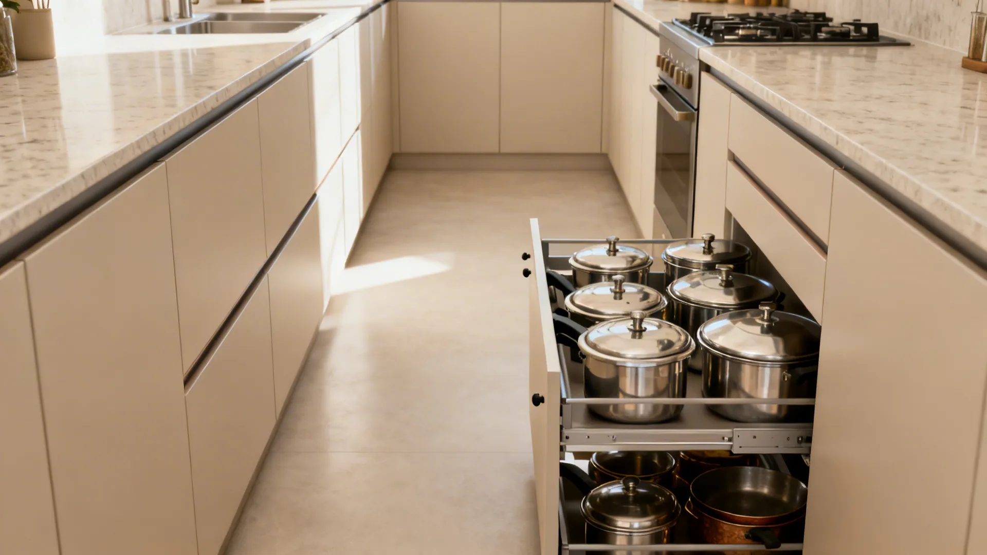 Open kitchen drawer storage showing many stainless steel pots and pans in cream colored cabinet