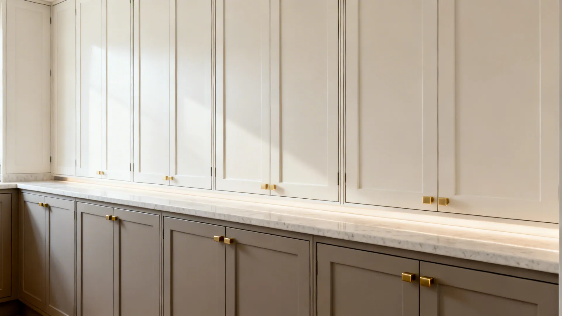 Slim Shaker wall cabinets with narrow rails in a small galley kitchen, light satin finish.