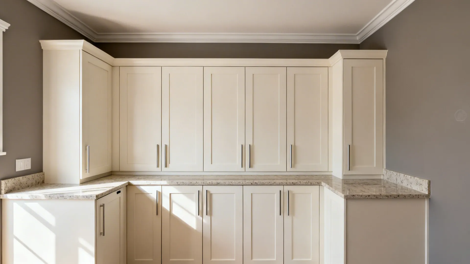 Slim Shaker cabinet doors with tall vertical pulls in a compact kitchen, softly lit.