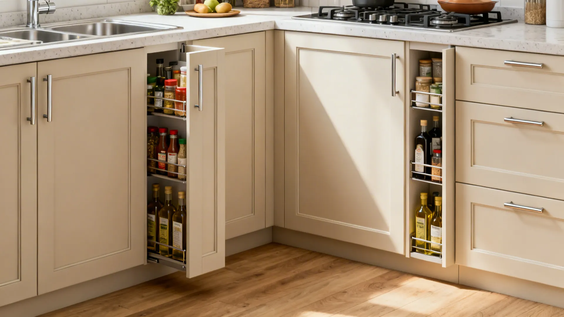 Slim Shaker beige cabinet fronts with tall narrow pull-out pantries in a compact Manila kitchen.