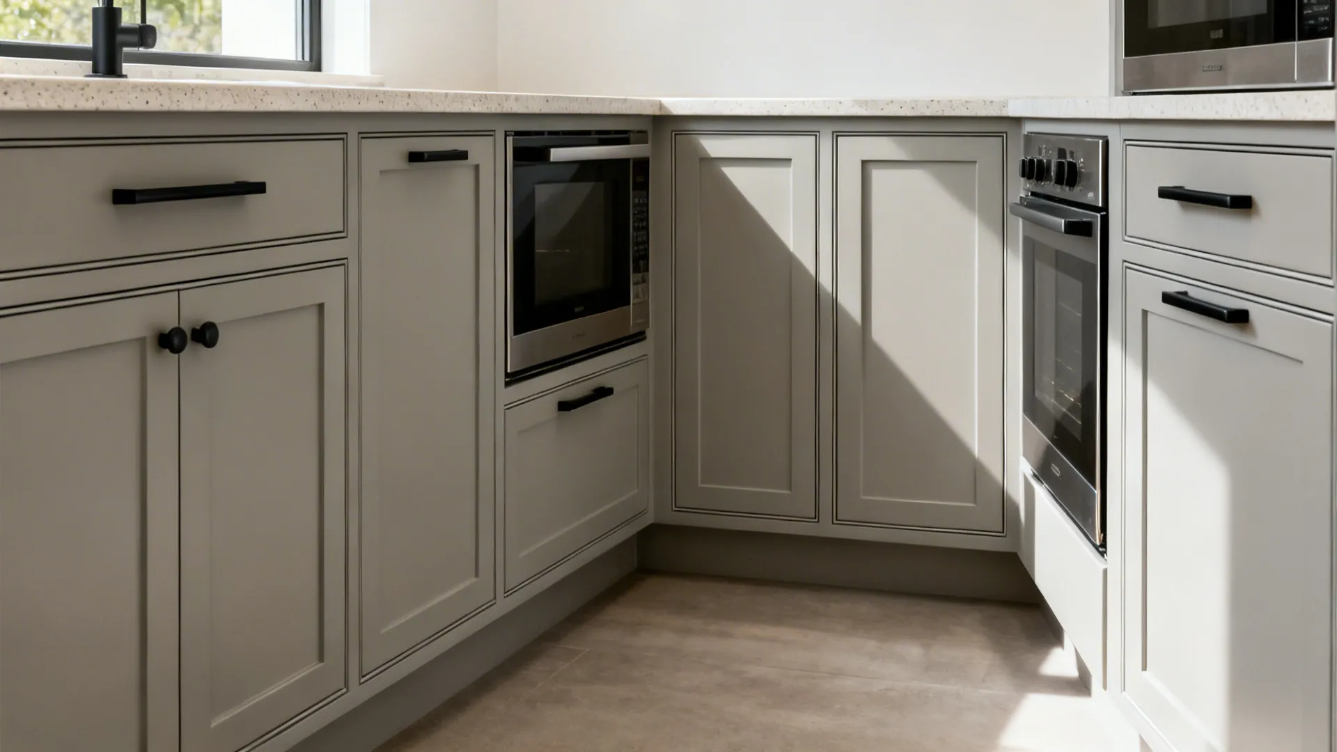 Compact kitchen with slim-rail Shaker doors in mushroom gray and long pulls.
